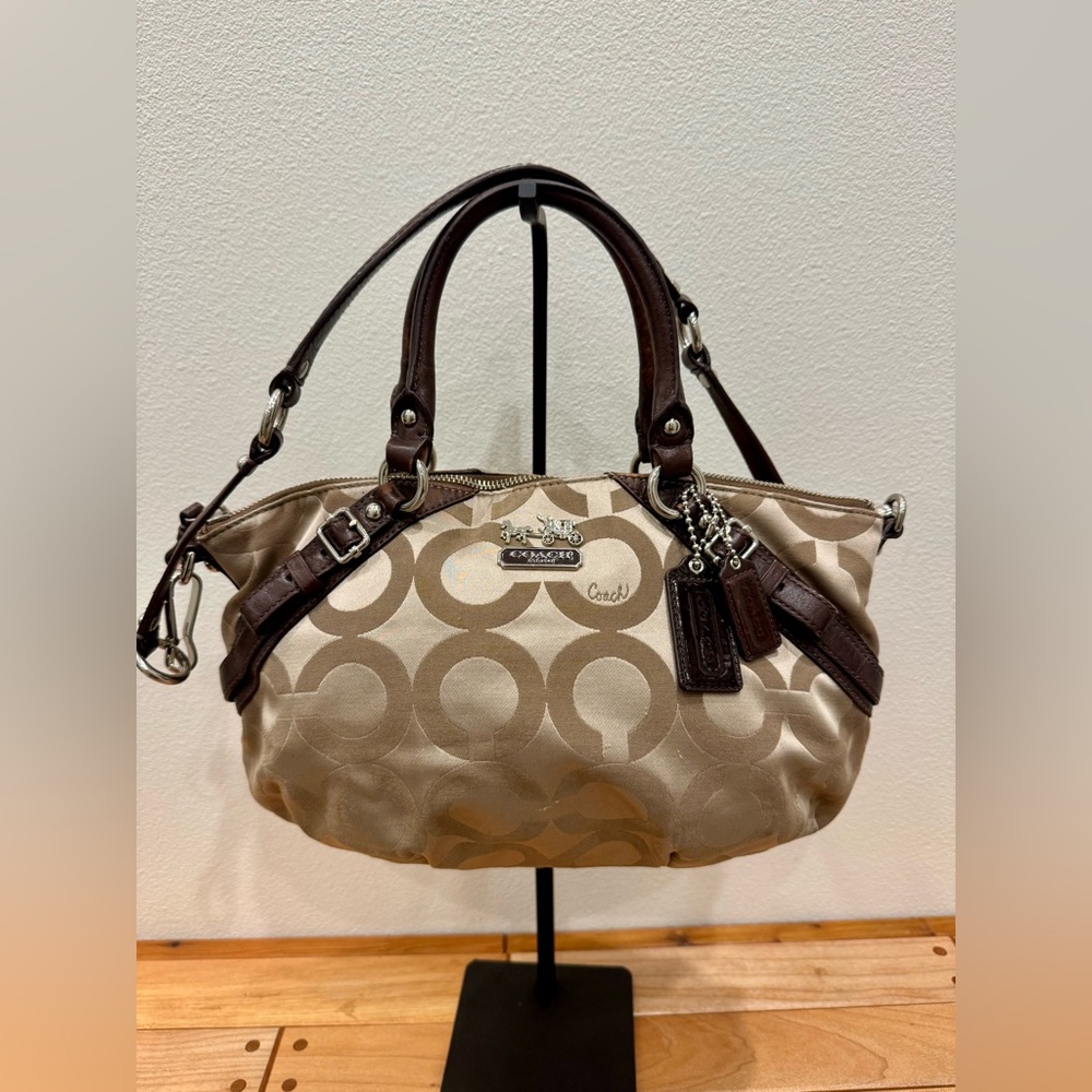 Coach Madison Op Art Sophia Satchel Shoulder Bag in Brown and Beige